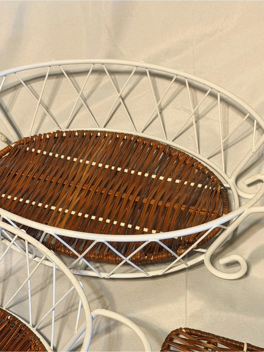 White Wire Wicker Serving Basket Set French Country Cottagecore Kitchen Decor